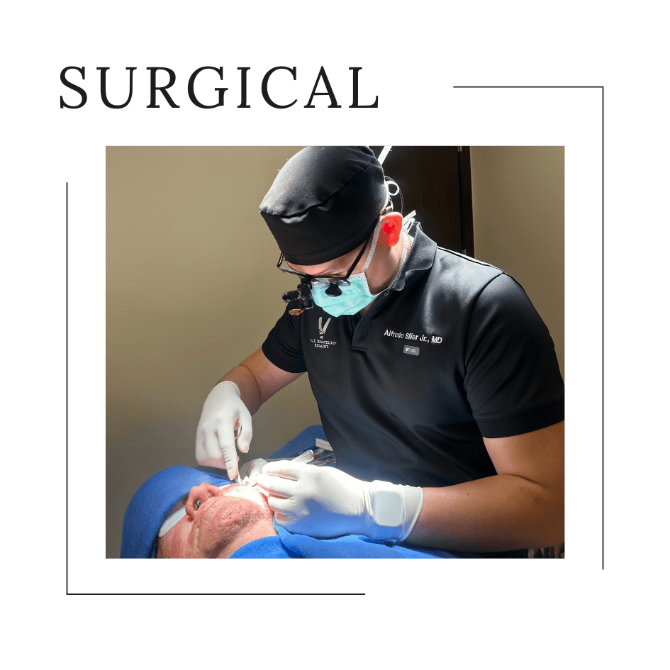 Valley Dermatology Specialist performing a surgical procedure on a patient’s face under bright light.